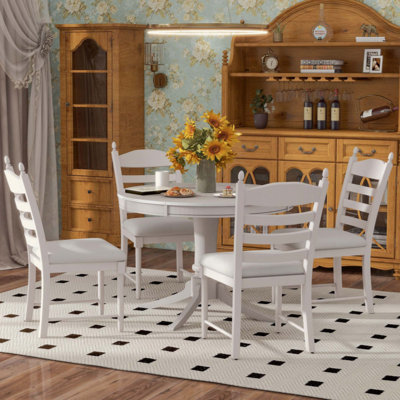 5-Piece Retro Functional Dining Table Set Wood Round Extendable Dining Table and 4 Upholstered Dining Chairs