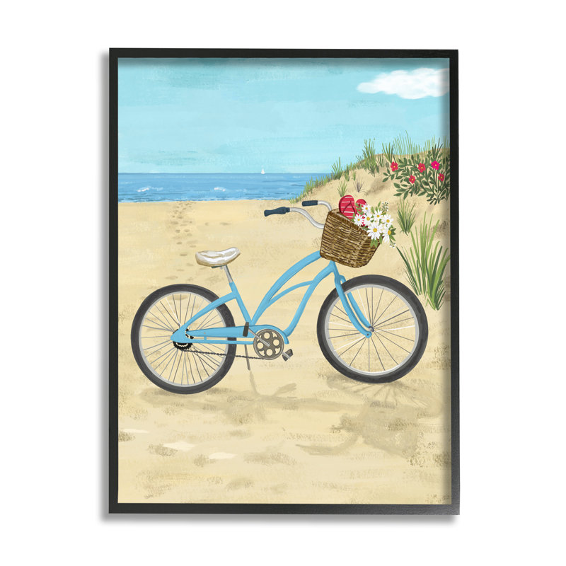 «Blue Bicycle Flower Blossom Basket Beach Sand» par Sharon Lee, reproduction d'art sur toile flottante