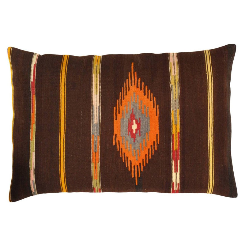 Decorative Turkish Kilim Pillow 20'' X 27'', Brown/Gray/Flush Orange, 24"H x 35"W