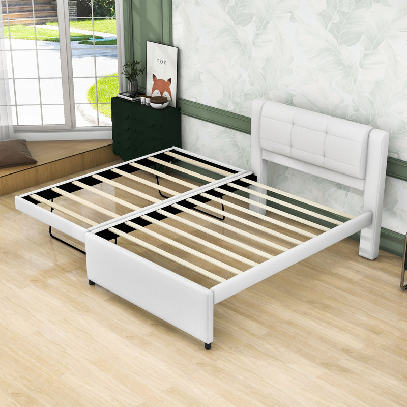 Lit plateforme tapissier double avec lit gigogne Jadarrion, Beige