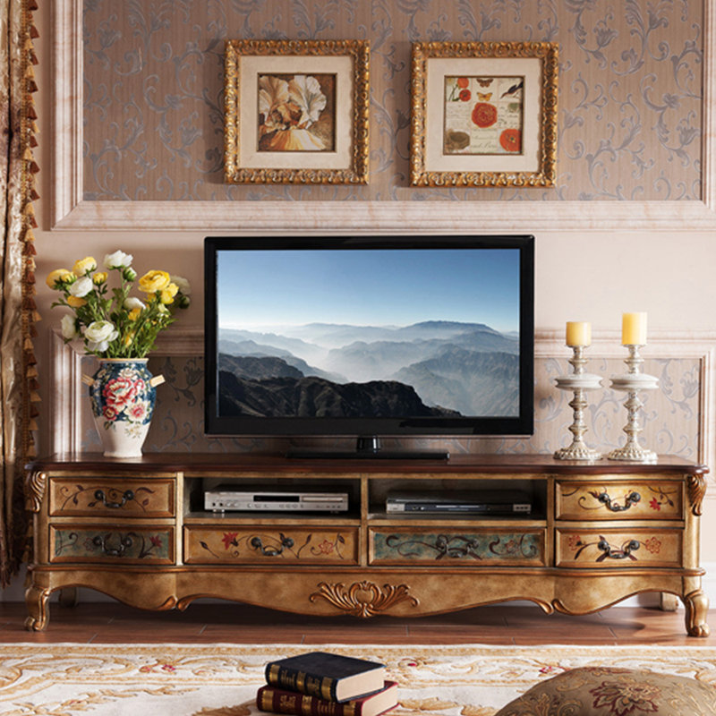 Meuble télé classique à poignée rétro, Champagne, 78.74"