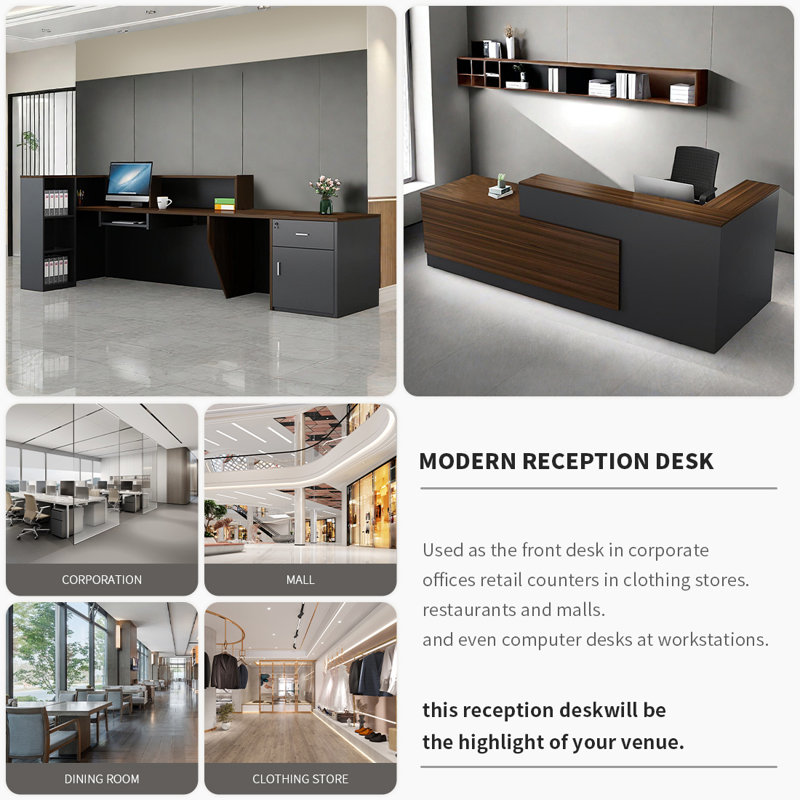 L-Shaped Reception Desk with Lockable Drawers, Computer Desk, and Storage Shelves/Front Desk, 41.33" H x 94.5" W x 39.37" D