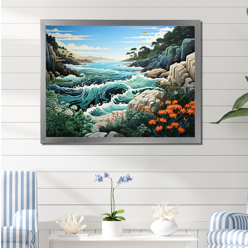 Paysage de plage sauvage sur toile, Cadre simple argenté, H 12 po x l 20 po x P 1 po