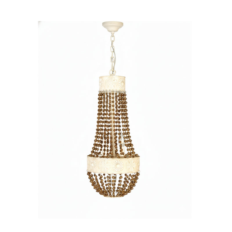 Luminaire suspendu 3 lumières crème avec perles dorées, H 28 po x l 12 po x P 12 po, Trois lumières