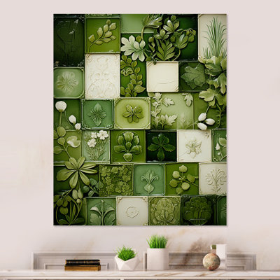 Botanicals Green Floral Tiles II - tuile abstraite, art mural en métal