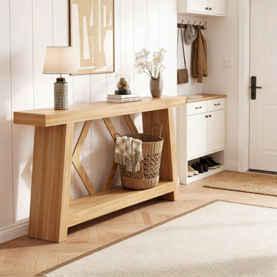 70.9" Farmhouse Console Table, 2-Tier Extra Long Narrow Sofa Table with Trapezoid Legs for Entryway
