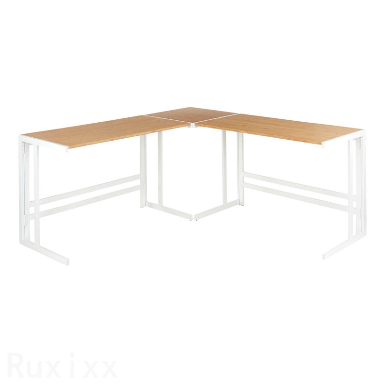 Bureau en forme de L de style industriel romain, métal blanc et bambou à grain de bois naturel pressé