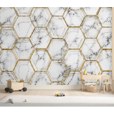 Wall Mural Peel and Stick Wallpaper seamless geometric gold glitter lines marble Effect polygons Metallic Self-Adhesive Removable Contact Paper Wall Decor for Living Room Bedroom 69"H x 96"W