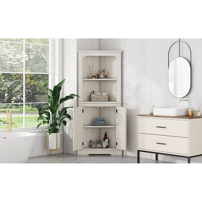 Grande armoire d'angle avec portes pour le salon, la salle de bain, la salle à manger ou la cuisine, couleur: grain de bois beige