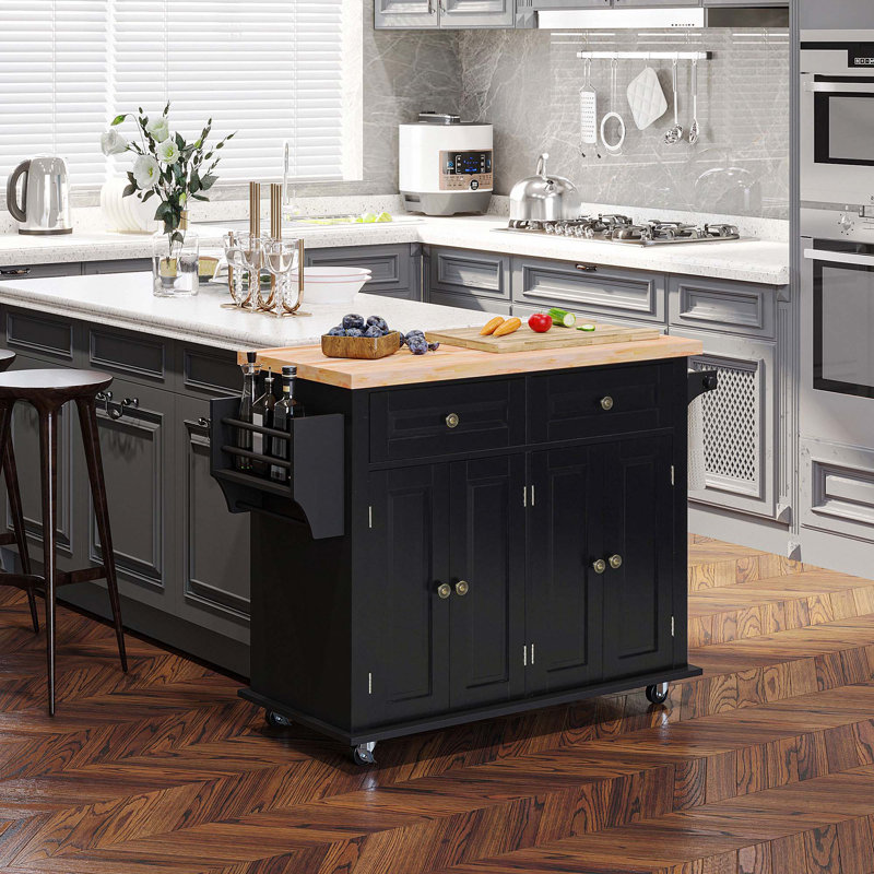 Kitchen Island On Wheels, Rolling Cart With Rubberwood Top, Spice Rack, Towel Rack And Drawers, Black