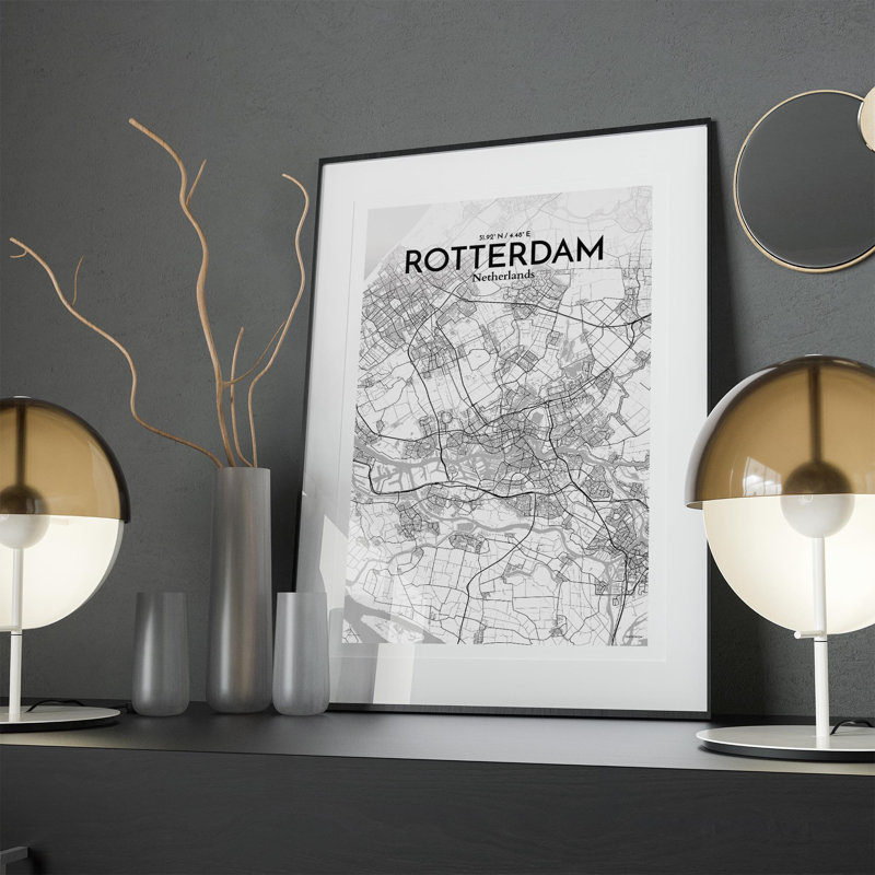 «Rotterdam City Map», impression, H 17 po x l 11 po, Gris / blanc