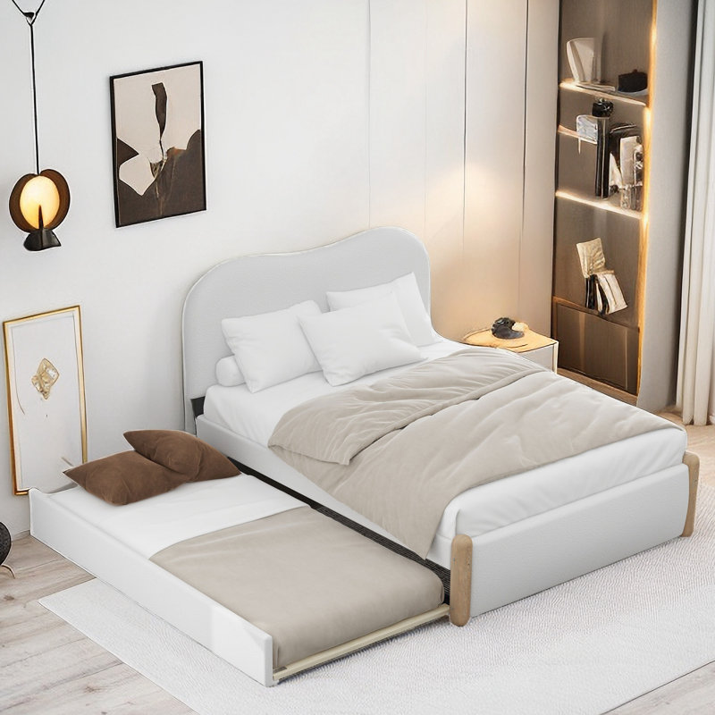 Berber Fleece Platform Bed With Curved Headboard And Twin Size Trundle, White, Twin