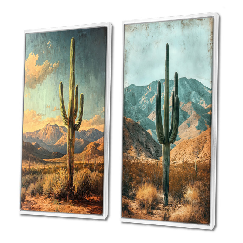 Cactus et les Collines du Désert I - Art sur toile floral, collection 2 panneaux, H 32 po x l 33 po, Cadre flottant blanc