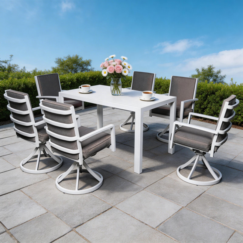 Houser Patio Dining Set with Rectangular Table , Cushions Included, 6, White