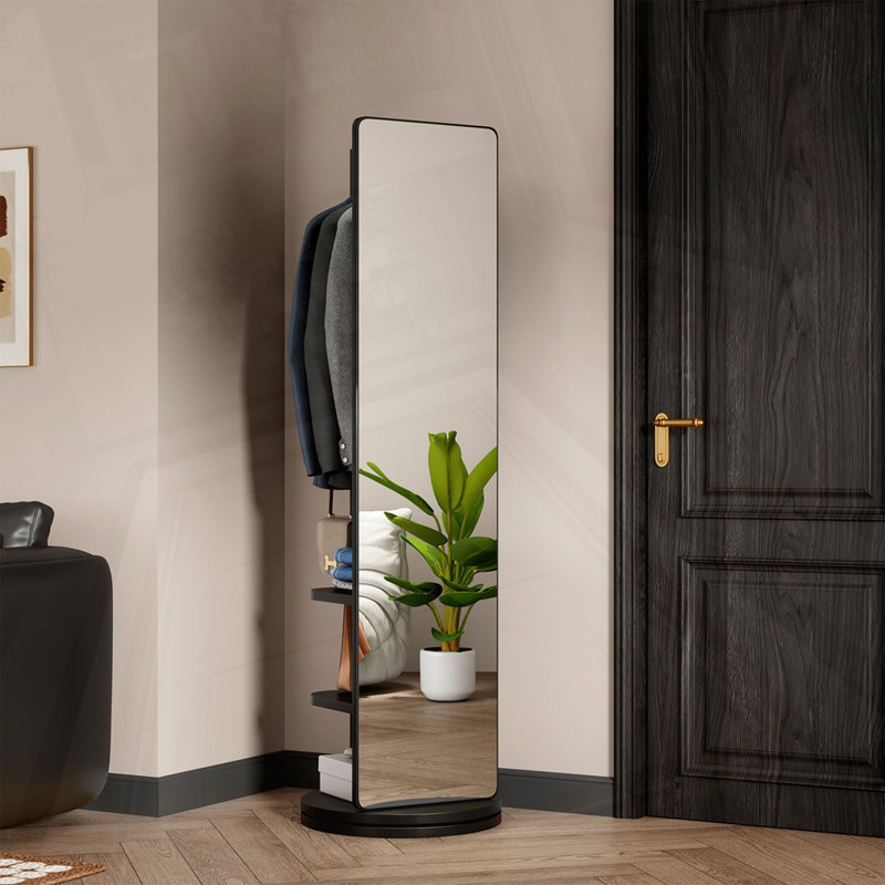 Rotating Multifunctional Full Length Mirror With Hook Storage Rack, Black