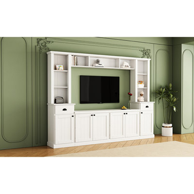 Console multimédia avec pont réglable pour téléviseur de 75 po, blanc et espace de rangement moderne