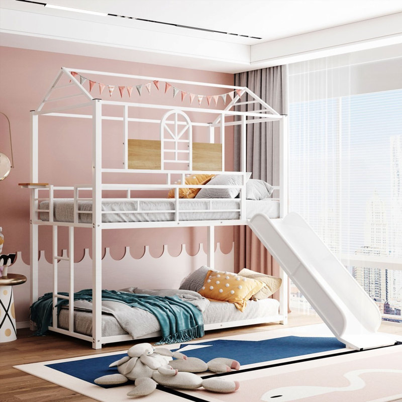 Lit simple superposé en métal avec glissade - Robuste Aucun sommier tapissier requis, 3 couleurs disponibles, Blanc