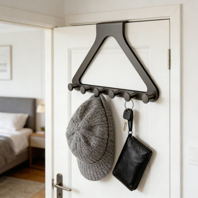 Cintre de porte robuste avec 6 crochets, conception triangulaire en métal robuste pour manteaux, chapeaux, serviettes, sacs et clés, installation sans outils avec patins de protection