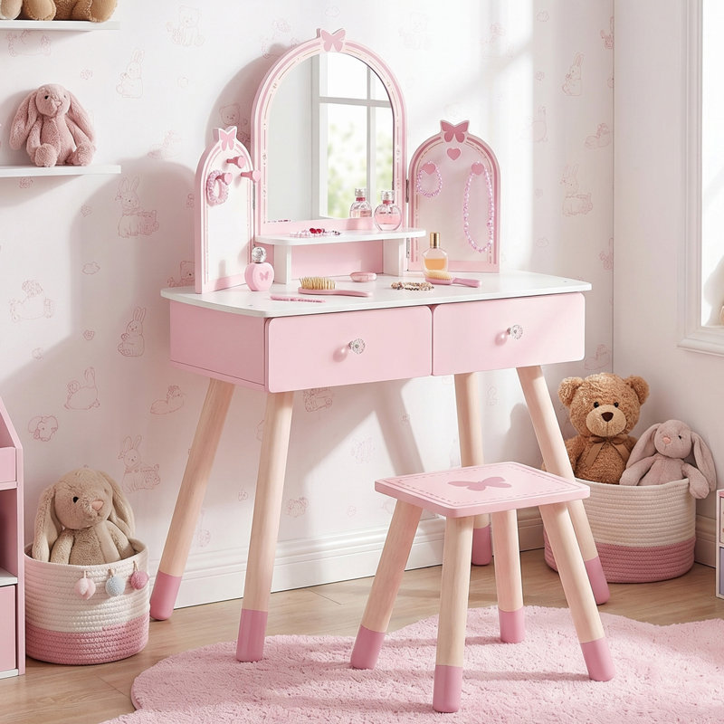 Kids Butterfly 2-pc Makeup Vanity Table & Stool, Pink
