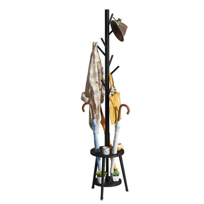 Freestanding Coat Rack With Umbrella Organizer Tray Bamboo Coat Tree Rack With 8 Hook Stand For Clothes Bag Hats Entryway Hanger Stand(Black)