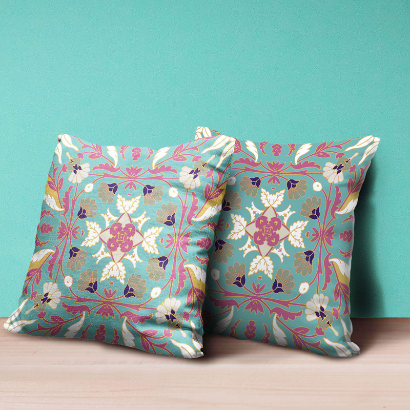 Mint Pink Floral Paisley Faux Suede Throw Pillow 16x16