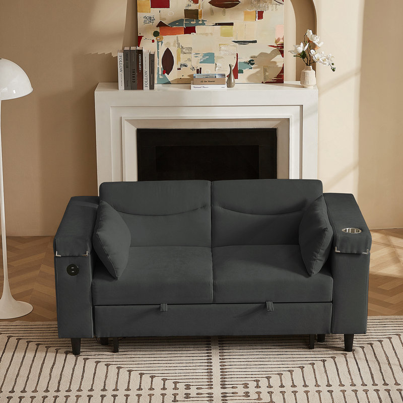 Canapé convertible en chenille gris foncé avec table d'appoint, port USB et rangement caché pour la vie moderne