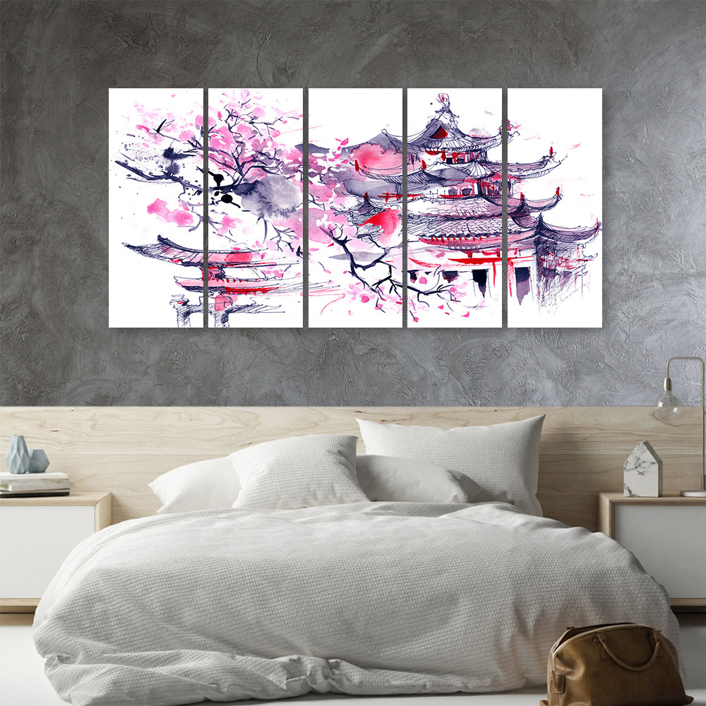 5-tlg. Leinwandbilder-Set Pagoda Cherry Tree Japan Painted