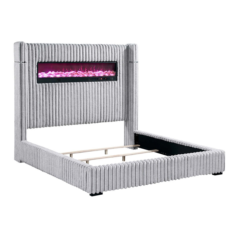 Lit de luxe avec tête de lit à oreilles, foyer encastré et haut-parleur, revêtement en velours côtelé pour une élégance moderne (matelas non inclus)