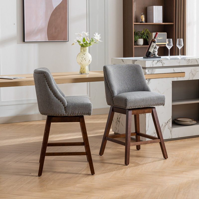 Counter Height Swivel Barstools Set Of 2 With Nails Decoration, Gray
