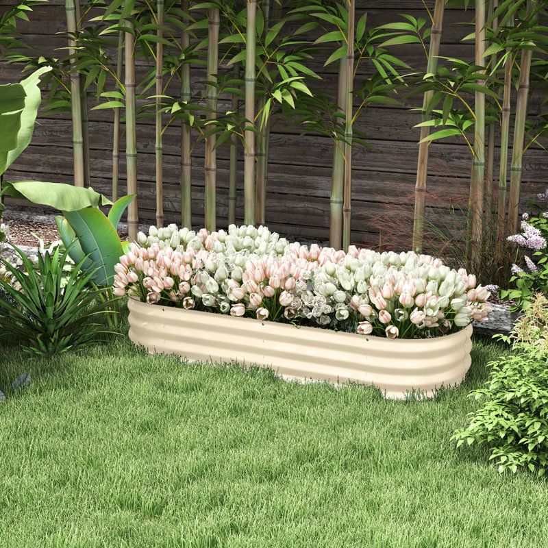 Jardinière surélevée en métal - 1,5 m x 0,6 m, galvanisée, avec bordure, pour la culture de fleurs et de légumes, couleur crème, idéale pour la culture de légumes en bordure de jardin.