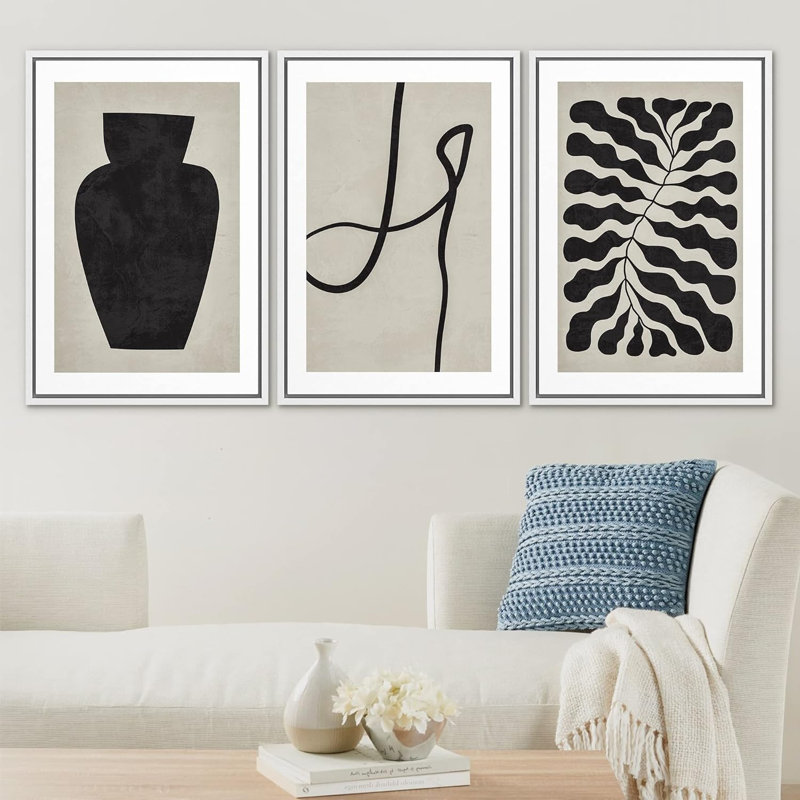 " Forest Plant Vase Line Art Collage Abstract Nature Neutral Modern Art Decor Contemporary " 3 - Pieces, Blanc