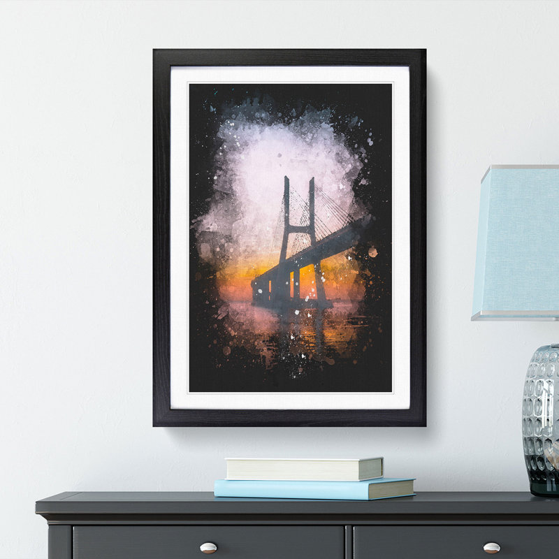 Vasco Da Gama Bridge in Portugal Abstract - Picture Frame Painting Print, 87cm H x 62cm W x 2cm D, Black Framed