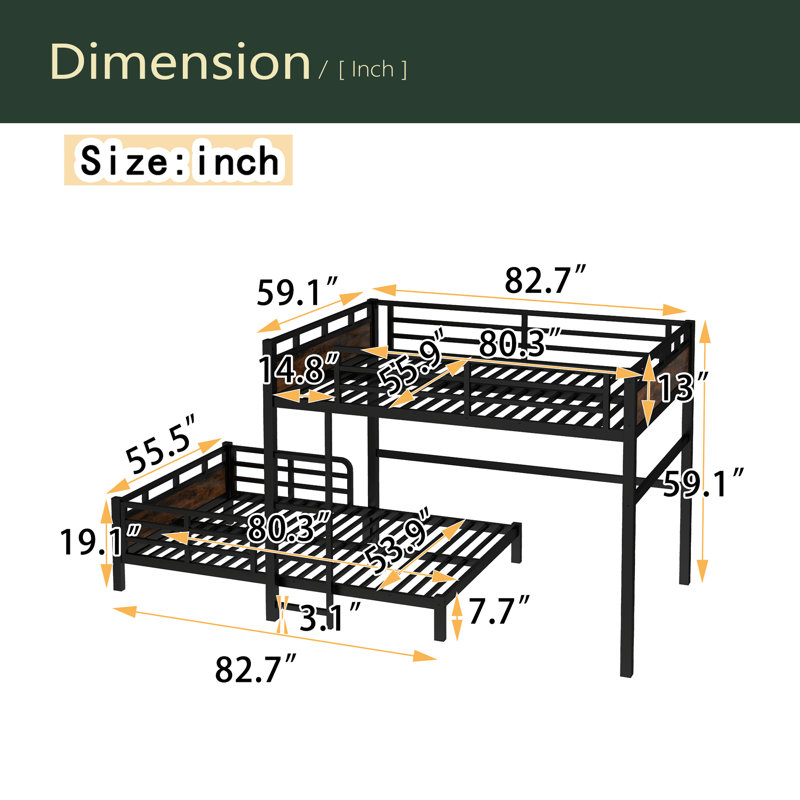 Lit superposé en métal / lit mezzanine en métal, lits superposés séparables, avec barrière de sécurité surélevée, Bois