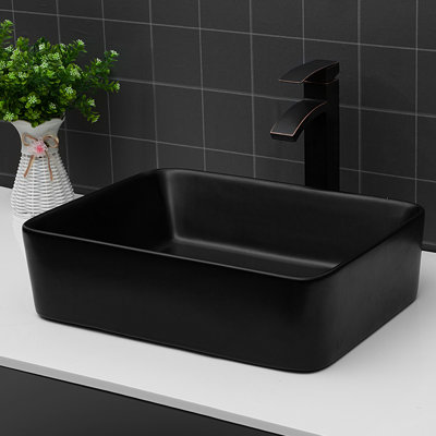 Lavabo de salle de bain vasque rectangulaire en céramique 19 po x 15 po x 5,5 po - Noir