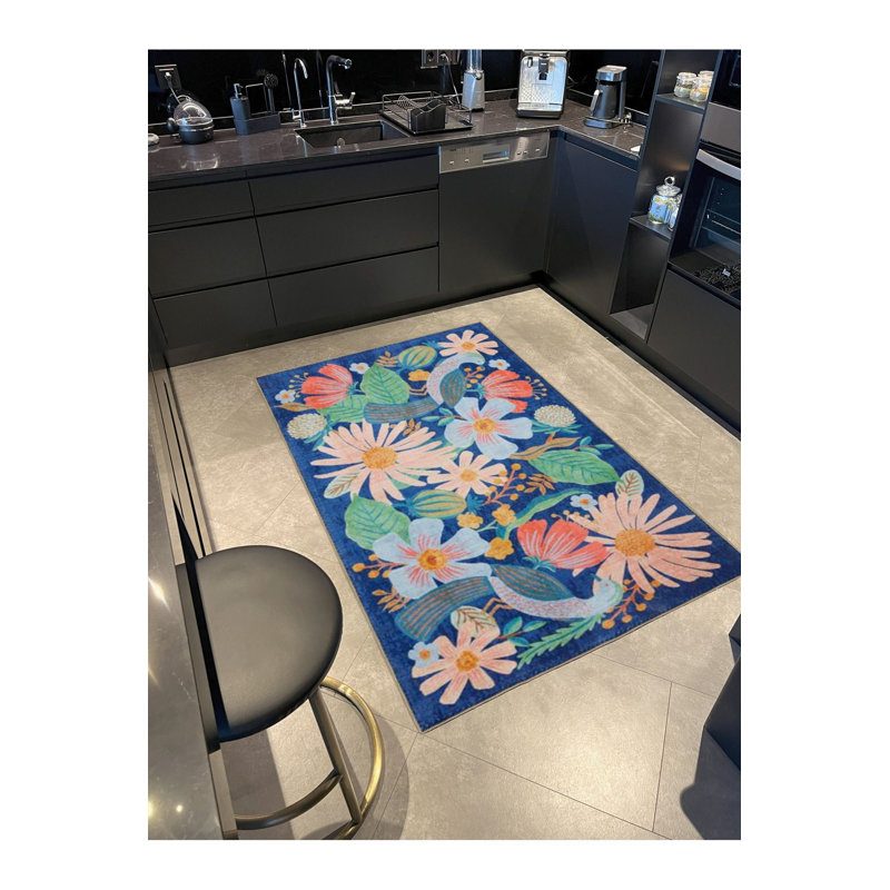 Tapis bleu à motif floral lavable à la machine, Sous-tapis carré 3 pi 3 po inclus