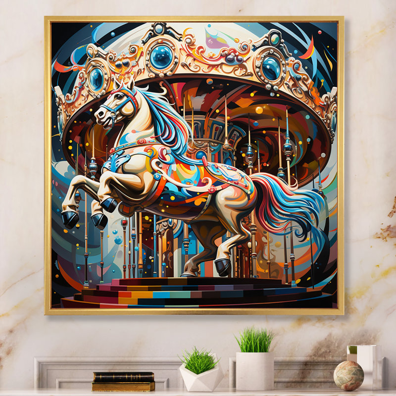 Carousel Horse - Carrousel, reproduction sur toile, Cadre flottant doré, H 16 po x l 16 po x P 1 po