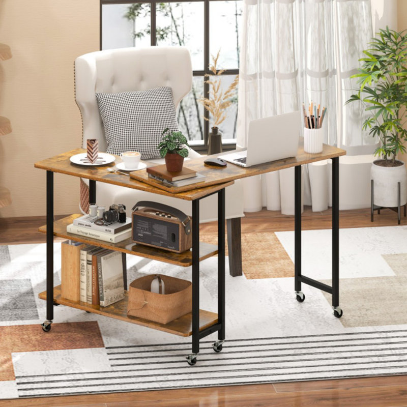 360° Rotating Sofa Side Table With 2-Tier Storage Shelves, Brown