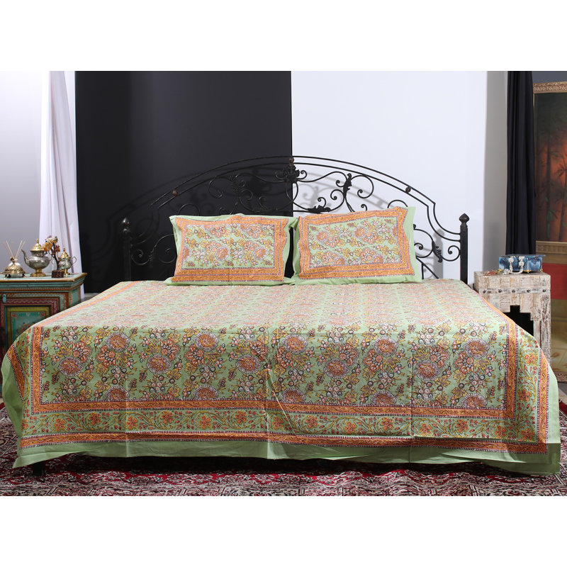 Ensemble de draps en coton vert menthe grand format - literie à imprimé botanique avec 2 housses de coussin, drap d'été doux et respirant
