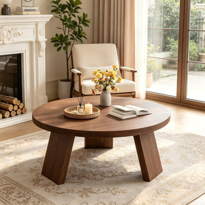 33.5 Inch Round Coffee Accent Table, Contemporary Round Center Table Featuring Slanted Leg Supports, Easy Assembly for Bedrooms and Living Spaces, Brown