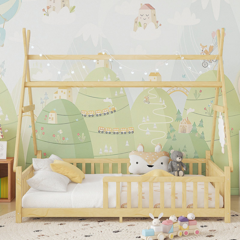 Lit double avec lumière, lit surélevé avec clôture et toit pour enfants, naturel, Full, Natural