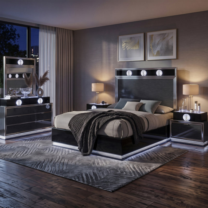 Ensemble de chambre à coucher 5 pièces Rihanna, Ensemble de 5 pièces : lit, commode, miroir, 2 ta, Grand lit