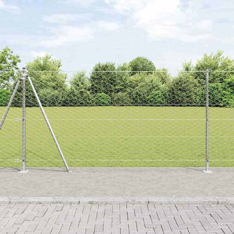 Vidaxl Fence With Posts PVC-Coated Steel, Silver, 120cm H x 2500cm W x 3.2cm D