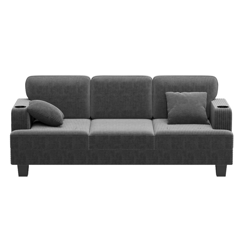 84" Modern style comfortable corduroy reception sofa, seating of 3, with cup holder, side pocket and type-c interface, Gray
