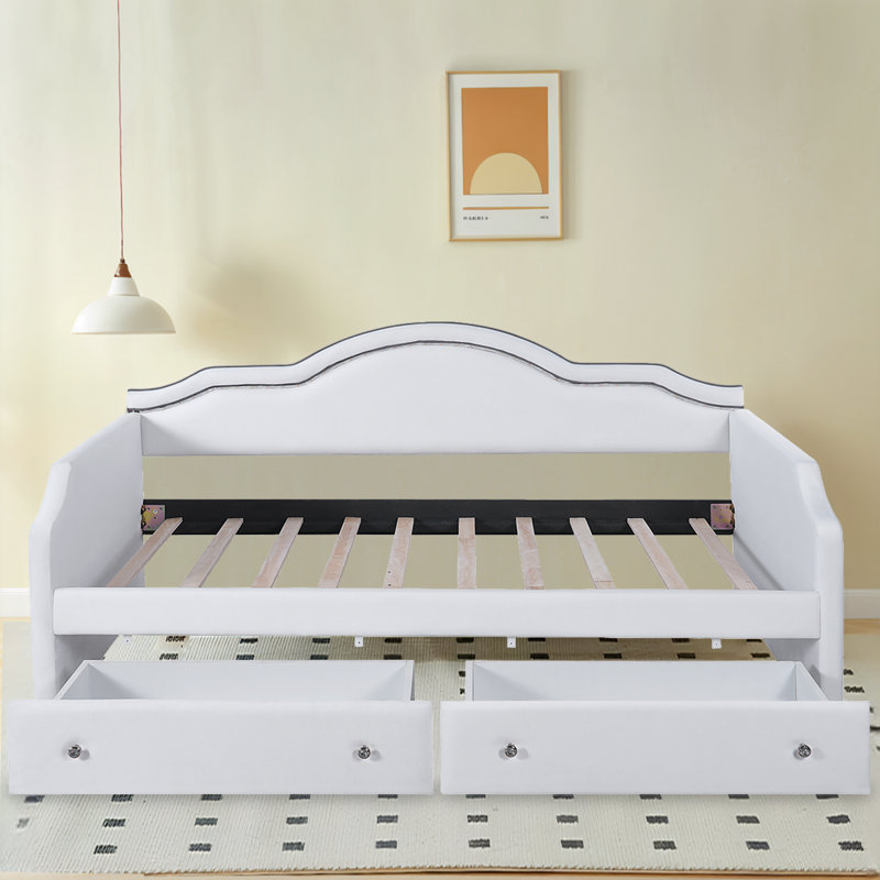 Lit de jour rembourré avec DEL et 2 tiroirs, Lit simple, Beige