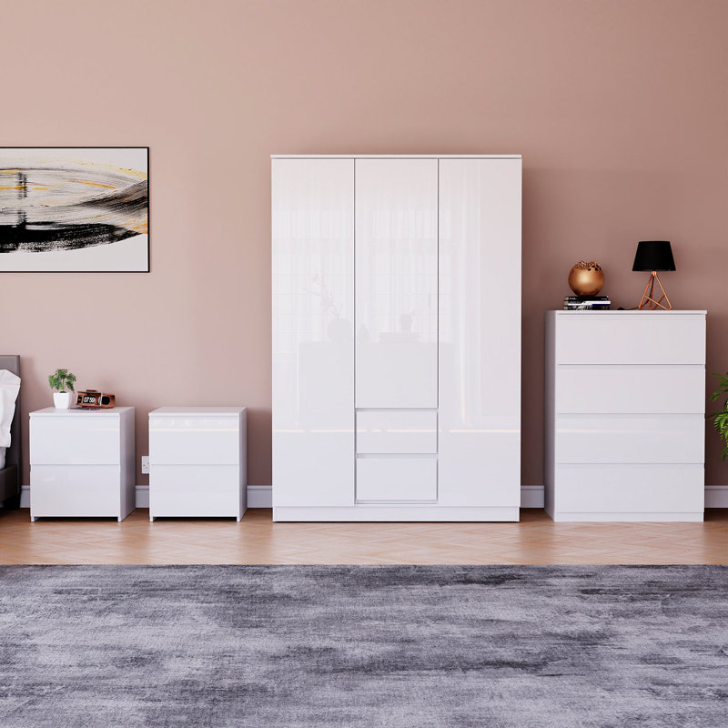 Taniesha 4 Piece Bedroom Set (2 Drawer Bedside Chest X2, 4 Drawer Chest, 3 Door 2 Drawer Wardrobe), (100% FSC), White