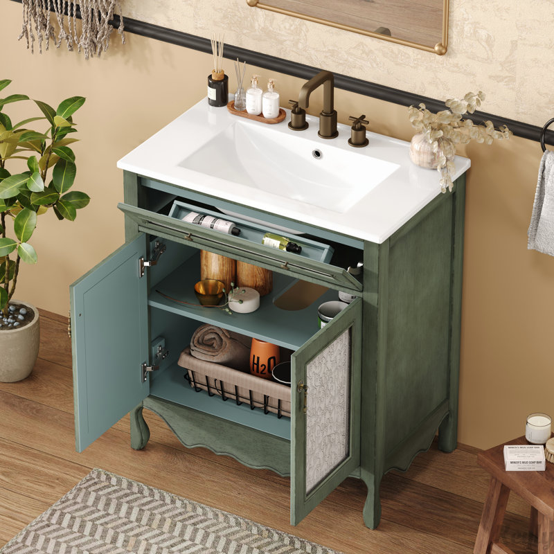 30" Antique Pattern Bathroom Vanity with Rectangle Ceramic Sink