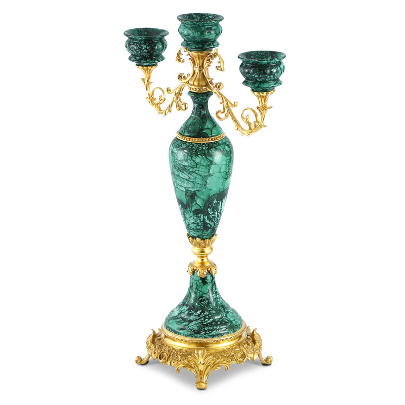 Porte-bougie en porcelaine vert émeraude et bronze, candélabre de 3 tasses de 20 pouces avec accoudoirs en vigne et détails roses - Centre de table de style rétro pour table de salle à manger, manteau de cheminée et console