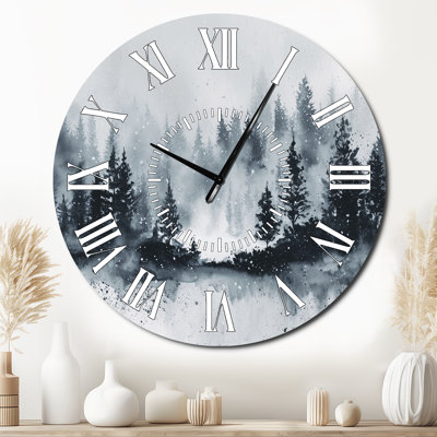 Horloge murale ronde en métal « Forêt d'hiver brumeuse » - Paysage