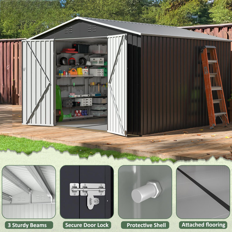 8 ft. W x 8 ft. D Outdoor Metal Shed Storage with Floor, Updated Frame Structure and Lockable Doors(64 sq. ft)