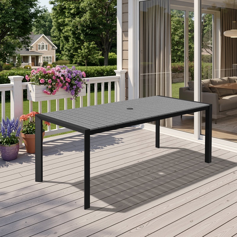 Rectangular Outdoor Dining Table with Umbrella Hole and Aluminum Frame, 29.4" H x 71.4" W x 32.8" D, Dark Gray